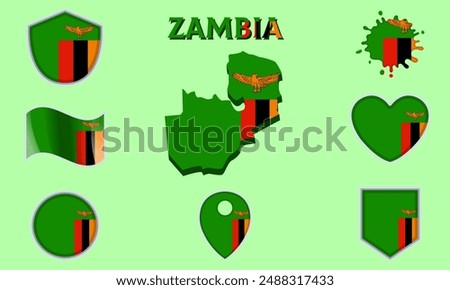 Collection of flags and coats of arms of Zambia in flat style with map and text.