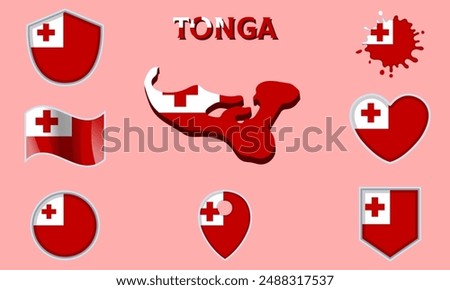 Collection of flags and coats of arms of Tonga in flat style with map and text.