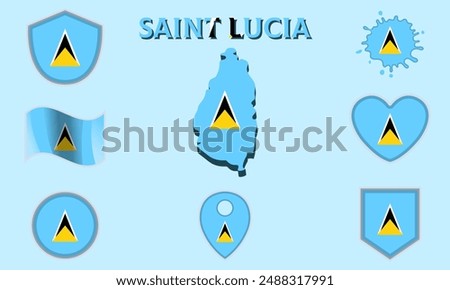 Collection of flags and coats of arms of Saint Lucia in flat style with map and text.