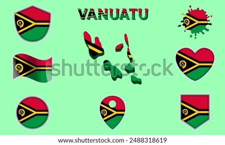 Collection of flags and coats of arms of Vanuatu in flat style with map and text.