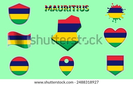 Collection of flags and coats of arms of Mauritius in flat style with map and text.