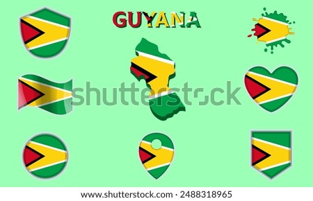 Collection of flags and coats of arms of Guyana in flat style with map and text.