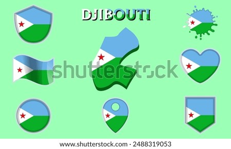 Collection of flags and coats of arms of Djibouti in flat style with map and text.