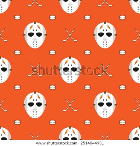 Seamless pattern hockey mask with stick and puck on orange background