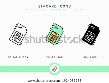 Simcard icons set vector illustration with solid icon line style. Phone chip concept. Editable stroke icon on isolated background for web design, user interface, and mobile application