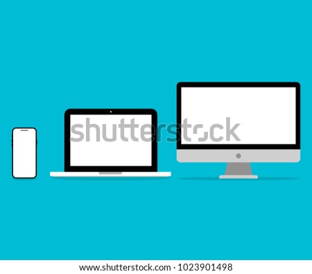 Computer, laptop, smartphone in a flat style. Imac Pro. Macbook. Iphone X. Technology collection