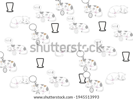 Cartoon cat drawing picture Wallpaper, sleeping cat, black stripes and dreams on a white background, make a logo, print stickers and decorate various patterns. And enter a message Vector illustration.