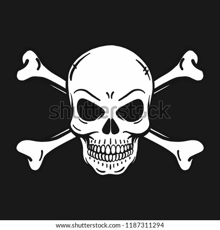 evil looking horror skull. Black background. Outline, vector, tattoo, halloween, poisonous, deadly, isolated