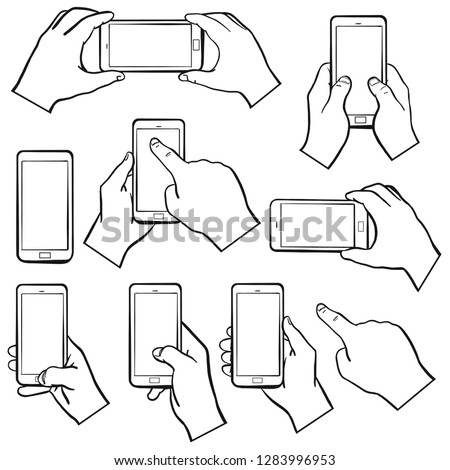 Collection of different hands holding a smartphone. Outline, photo, upright, landscape, ambidextrous, message writing. isolated.