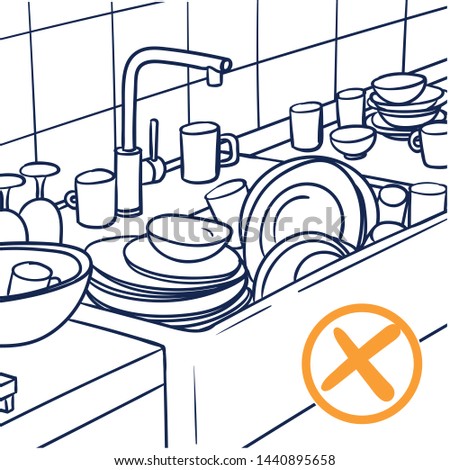 Vector drawing of a messy kitchen and sink. outline drawing blue, yellow, plate, cups, rinse off.