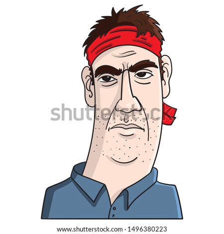 funny comic illustration of a man looking angry and wearing a red headband. rambo, usa, military, vector, character.