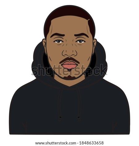 african american with black hoodie. comic, avatar, beard, cool.