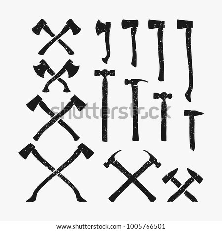 crossed axe and hammer, rustic vector collection isolated on white background, hipster logo design element
