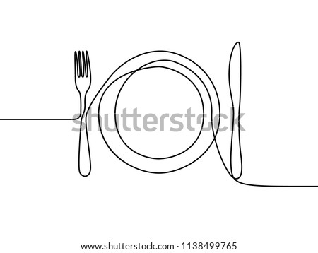 One continuous line plate, khife and fork. Vector illustration.