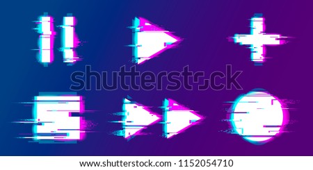 Glitch play, pause, record, play buttons.  Set of abstract minimal template design for branding, advertising, modern background cover posters, banners, flyers, placards.