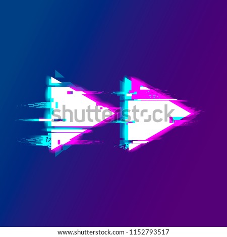 Rewind or speedup symbol with glitch effect for branding. Distorted Glitch Style. Glow Design for Graphic Design - Banner, Poster, Flyer, Brochure, Card . Vector Illustration.
