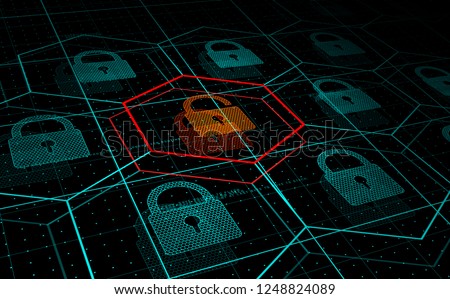 Cyber attack, system under threat, DDoS attack. Camera flies frough HUD blue hexagons and padlocks, but one of them hacked. Cyber security and hacking concept. Vector illustration.