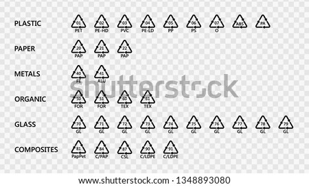 Set of recycling codes arrow icons for plastic, paper, metal, organic, glass and composites materials. Vector recycle symbol logo on transparent background