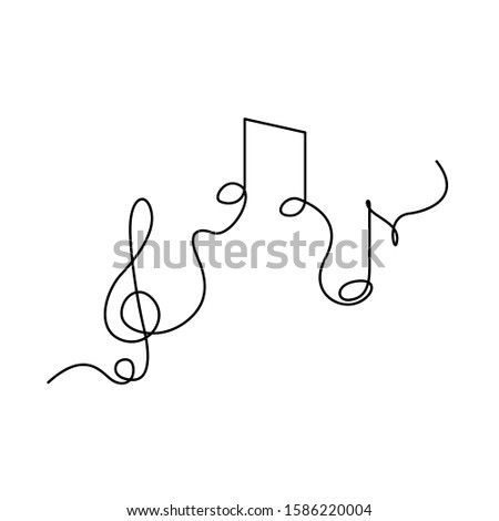 Continuous one line treble clef and notes, musical notes, A or La. Stock vector illustration.