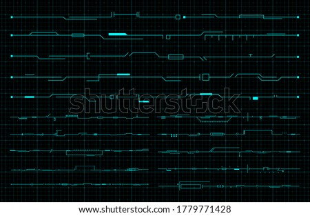 Set of HUD futuristic header, footer and line elements on dark hi tech background. FUI design elements for web, banner, flyer, music event. Editable stroke. Good for animation. Vector