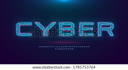 Futuristic cyberpunk hologram font. Modern English alphabet with blue hud neon effect and pink printed circuit board. Good for design promo electronic music events and game titles. Vector