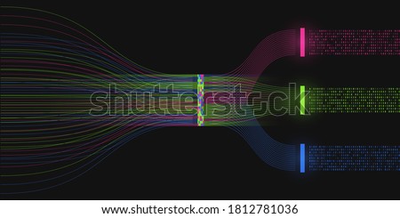 Big data visualization. Analysis process. A sorting machine of binary code. Information analysis concept. Information stream. Science, technology background. Vector illustration.