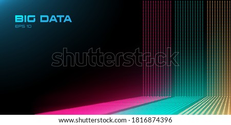 Big Data stream with Depth of Field Effect DoF. Red, green and yellow big data points with copy space. Linear perspective. Binary code structure. Abstract background. Vector