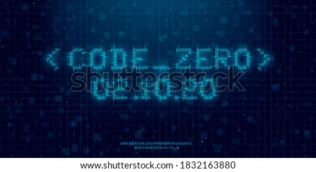 Futuristic cyberpunk glitch font. Blue glowing digital English alphabet. 8 bit Latin letters, numbers and symbols. Design for promo electronic music events and game titles. Vector