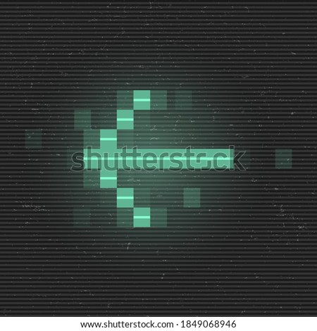 Retrofuturistic glitch left arrow. Green glowing digital pointer. 8 bit pixel arrow. Cyberpunk glowing design element for poster, flyer, cover, banner, web, games. Vector