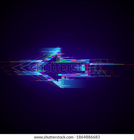 Futuristic cyberpunk glitch left arrow. Modern glowing pointer with distortion effect. Good for design promo electronic music events, game titles, banners, web. Vector