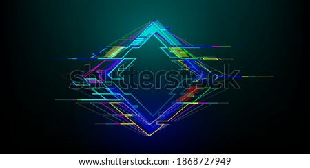 Futuristic glitch rhombus in cyberpunk style. Modern glowing geometry shape with distortion effect. Good for design promo electronic music events, games, banners, web. Vector 