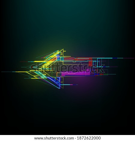 Futuristic glitch right arrow in cyberpunk style. Modern glowing direction pointer with distortion effect. Good for design promo electronic music events, games, banners, web. Vector