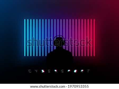 Silhouette of a gamer in front of a creative blue pink glowing stripes on a dark background. Design for a banner or cover of gaming events. Cybersport concept. Vector illustration.
