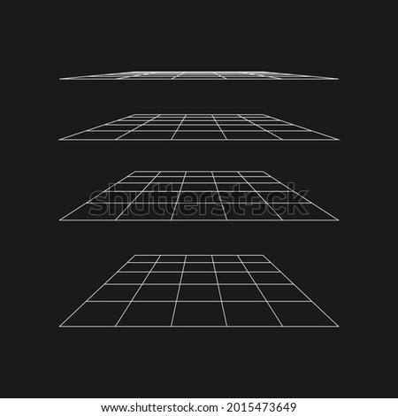 Retrofuturistic flat perspective grid at different angles. Cyber retro design element. Flat perspective in cyberpunk 80s style. Perspective for poster, cover in retrowave style. Vector illustration.
