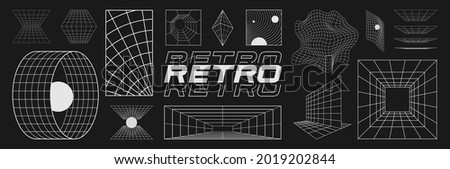 Set of retrofuturistic design elements, perspective grids, tunnel, RETRO title, polar grid, blackhole, bipyramide, circle portal, gravity visualization. Cyberpunk 80s style. Vector illustration. Imagine de stoc © 