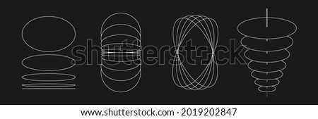 Set of retrofuturistic circle shapes. Cyber retro design elements. Collection of perspective circular in cyberpunk 80s style. Circle geometry for poster, cover retrowave style. Vector illustration.