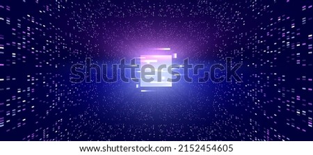 Metaverse abstract background with glowing glitch square in the center, perspective tunnel with a huge number of colorful elements illustrating the metaverse, virtual cyber space. Vector