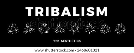 Neo tribal design elements collection. Gothic style shapes pack. Y2K shapes for streetwear, album covers, tattoo, techno rave party, etc. Set of acid neo tribal elements. Abstract vector Y2K signs.