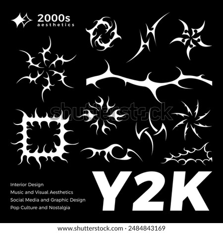 Acid Y2K style elements set. Sharp geometric shapes. Y2K keen elements for streetwear, graphic design, social media, album covers, tattoo, techno rave party. Y2K aesthetics. Vector