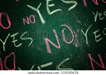 Yes and no concept; words written on green chalkboard