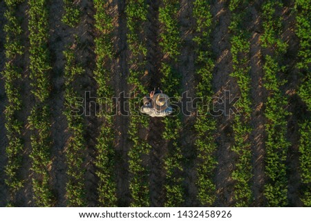 Similar – Image, Stock Photo Aerial view of farmer cleaning dirt of combine in agricultural field