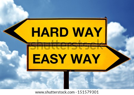 Choosing between Hard way and easy way. Two opposite signs against blue sky background.