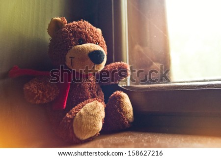 Bear toy sitting by the window