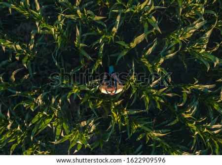Similar – Image, Stock Photo Aerial view of farmer cleaning dirt of combine in agricultural field