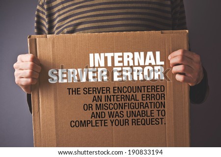 Http Error 500, Server error page concept. Man holding banner with error message. Web technology series.