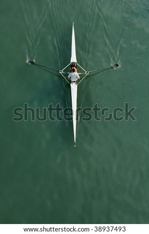 Aerial Top View of Man Kayaking on river, young man rowing in kayak down the river