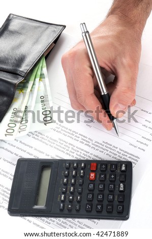 man is signing a contract with pen, isolated on white