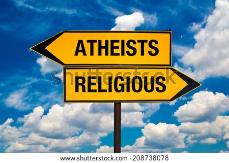 Atheists versus Religious concept. Direction signs pointing to different sides.