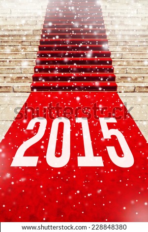 Red carpet with number 2015 on staircase marking the route taken by vips and celebrities on ceremonial events. Happy New Year.