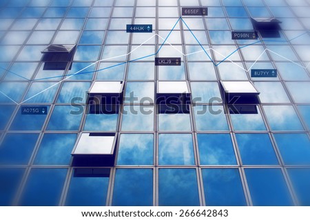 Business Results on Stock Market Concept with Infographics chart over blur office building windows.